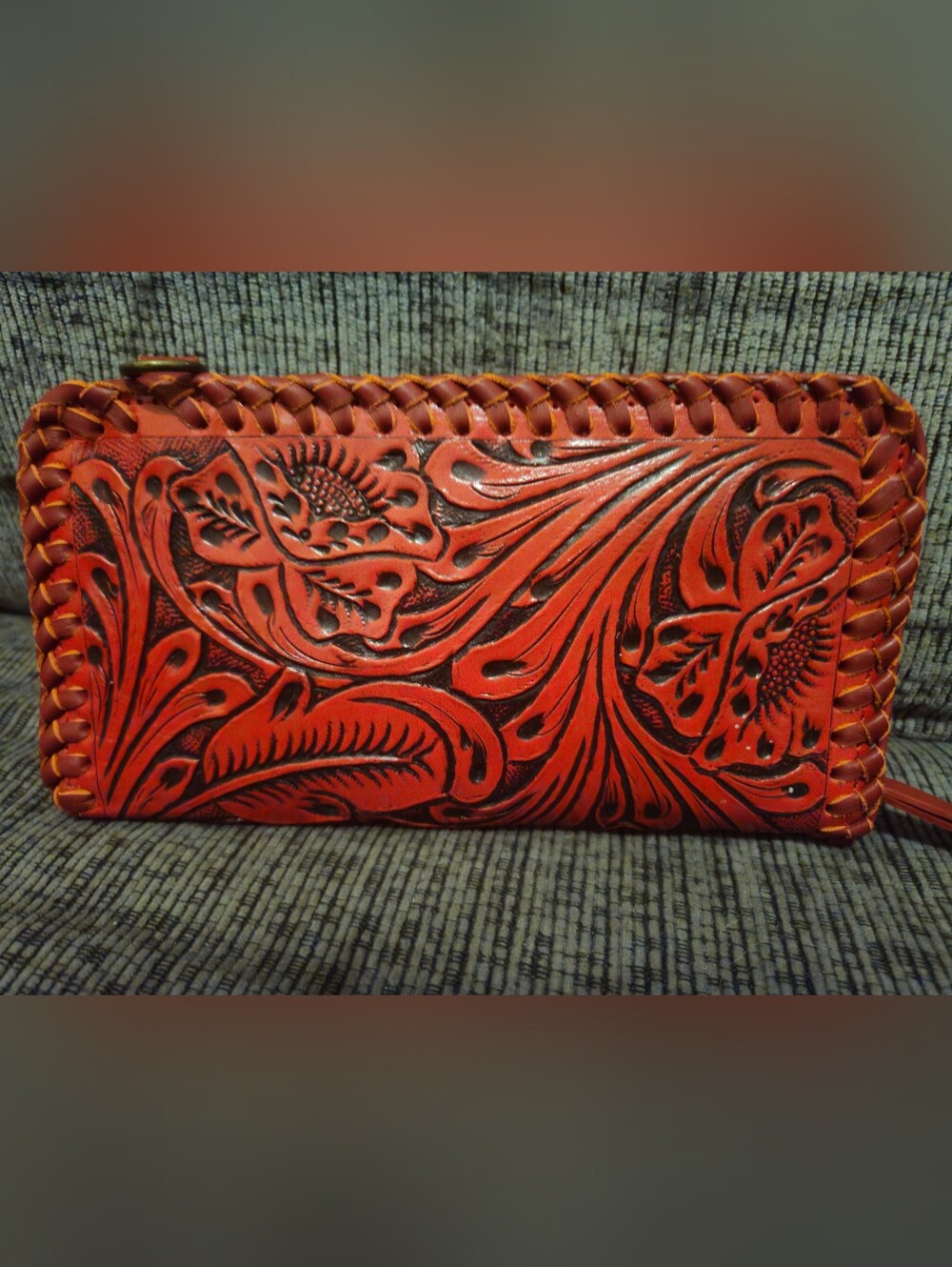 Hand-Tooled Red Leather Crossbody/Clutch Wallet - Red